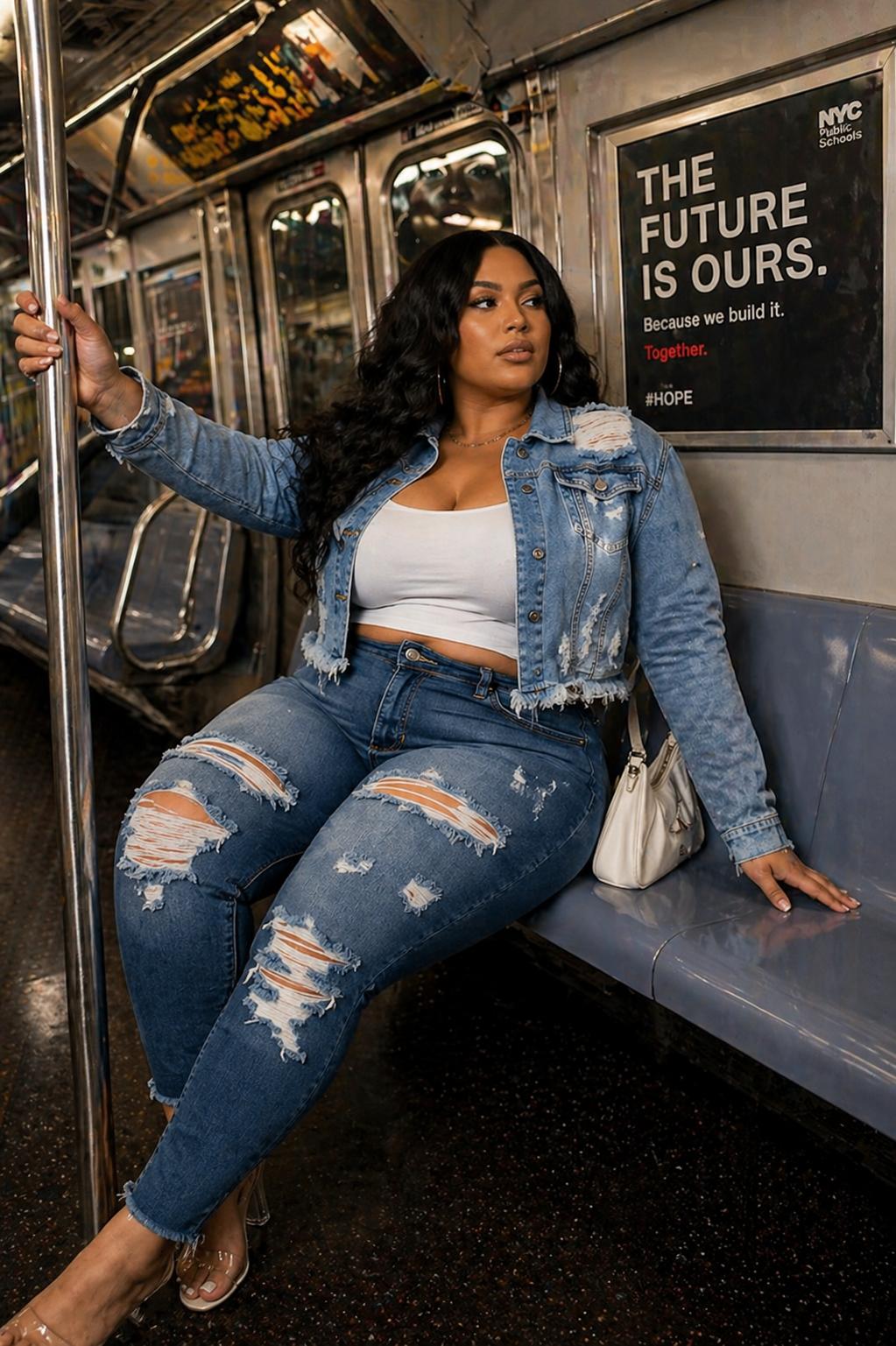 Distressed Cropped Denim Jacket (Plus)