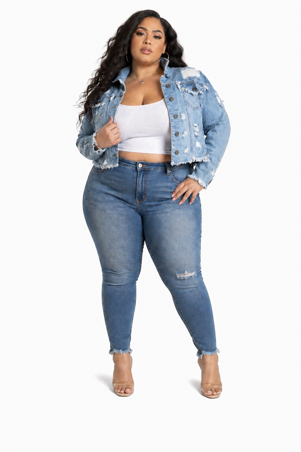 Distressed Cropped Denim Jacket (Plus)