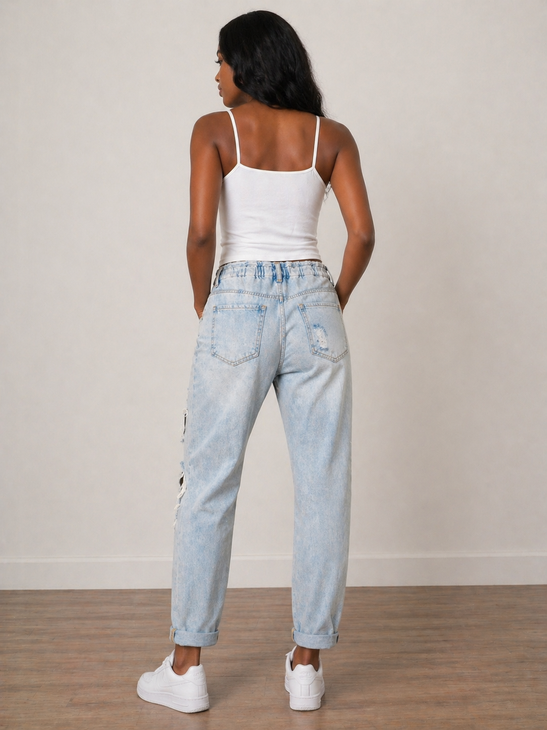 Distressed High Rise Denim Jogger