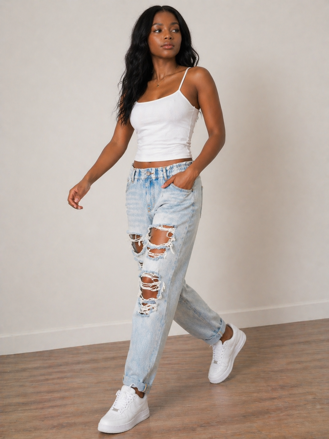 Distressed High Rise Denim Jogger