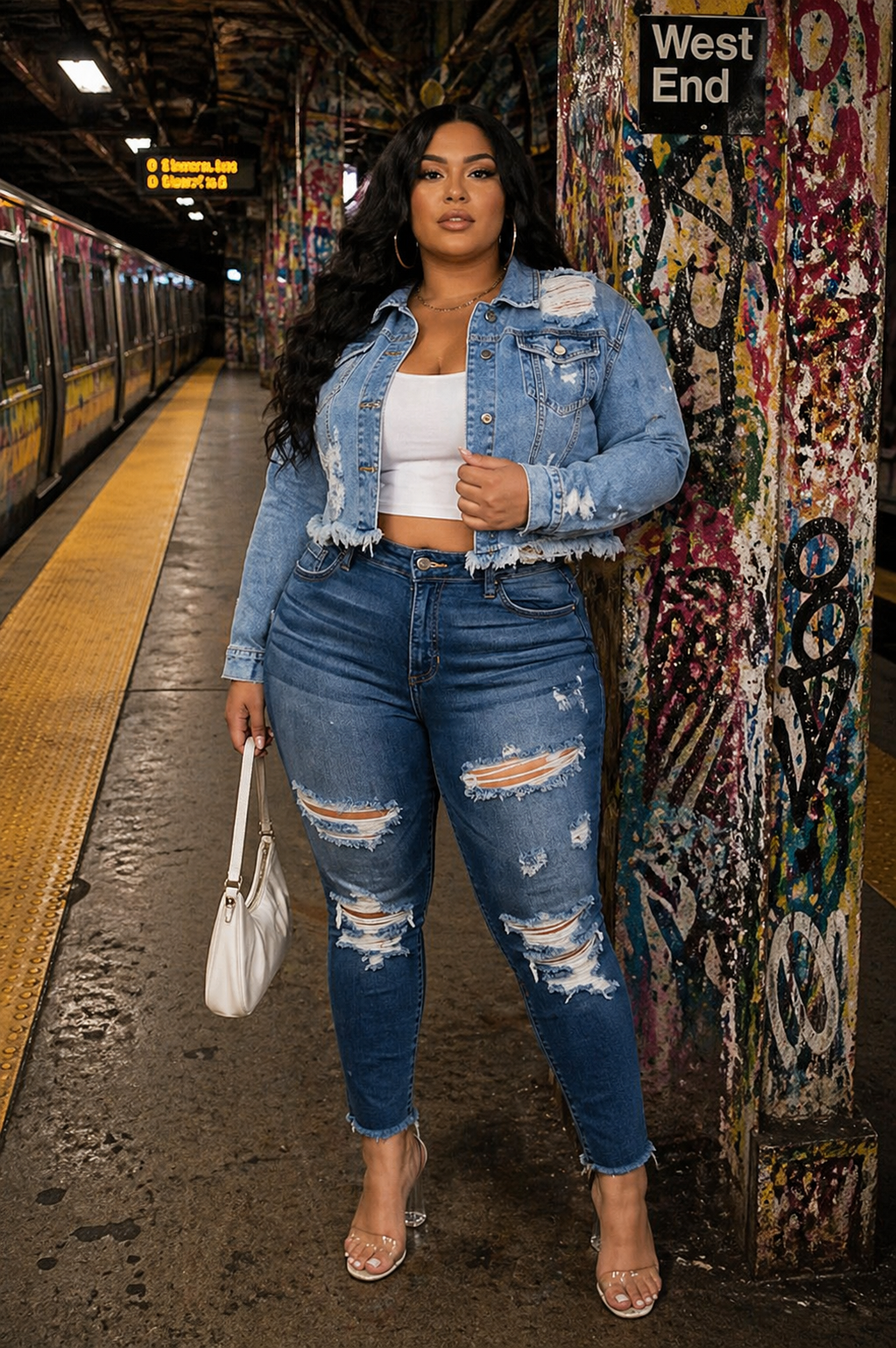 Distressed Cropped Denim Jacket (Plus)