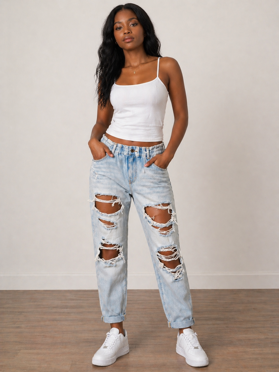 Distressed High Rise Denim Jogger