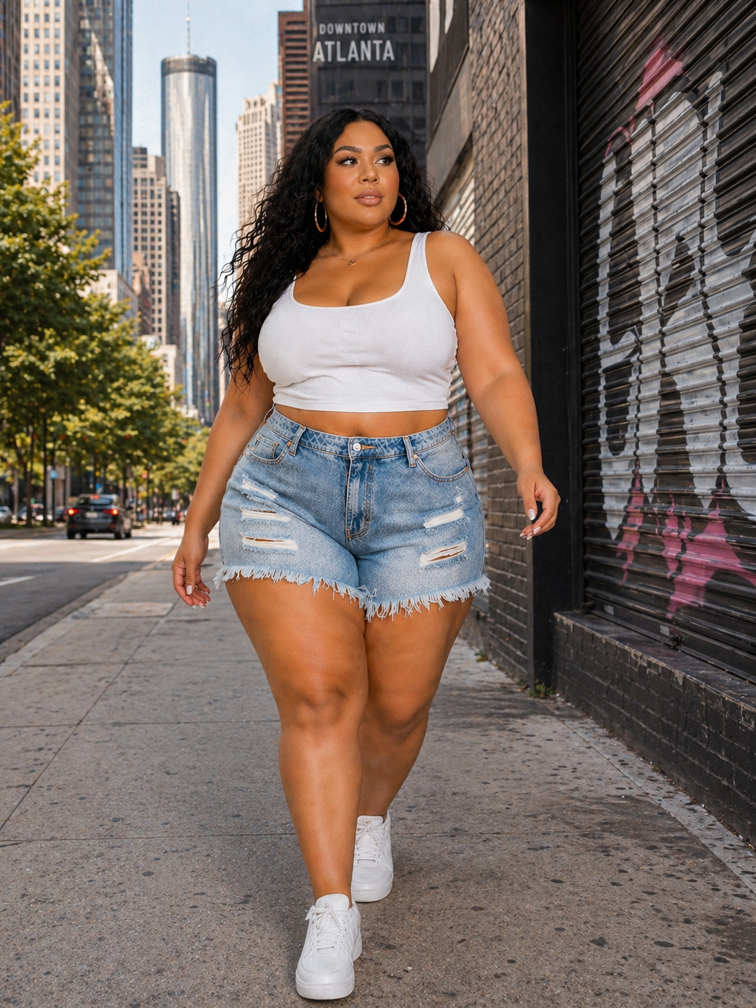 Distressed High Rise Denim Shorts (Plus)