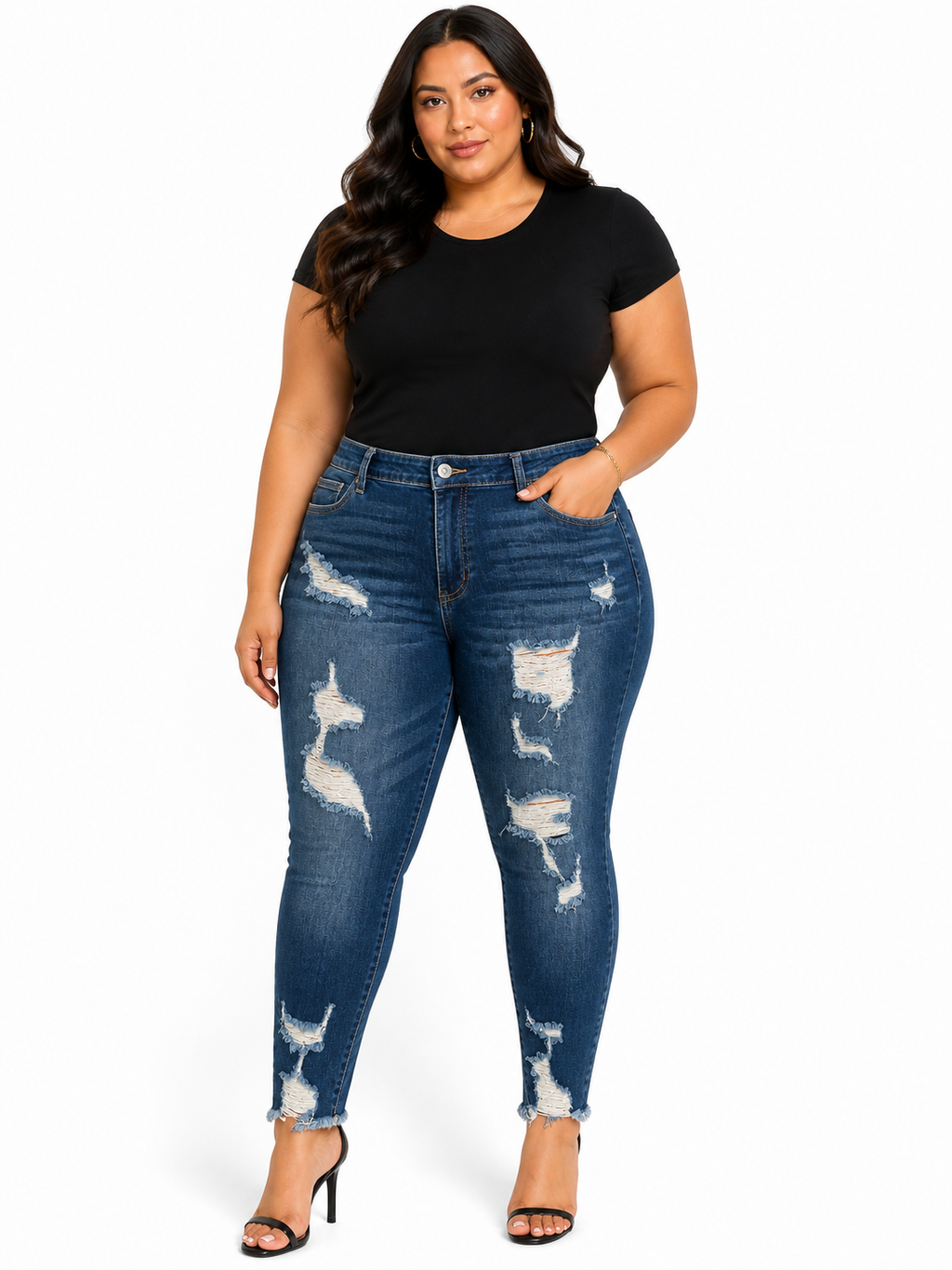 Cello High Rise Distressed Skinny Jeans – Plus Size Fit (Medium Wash)